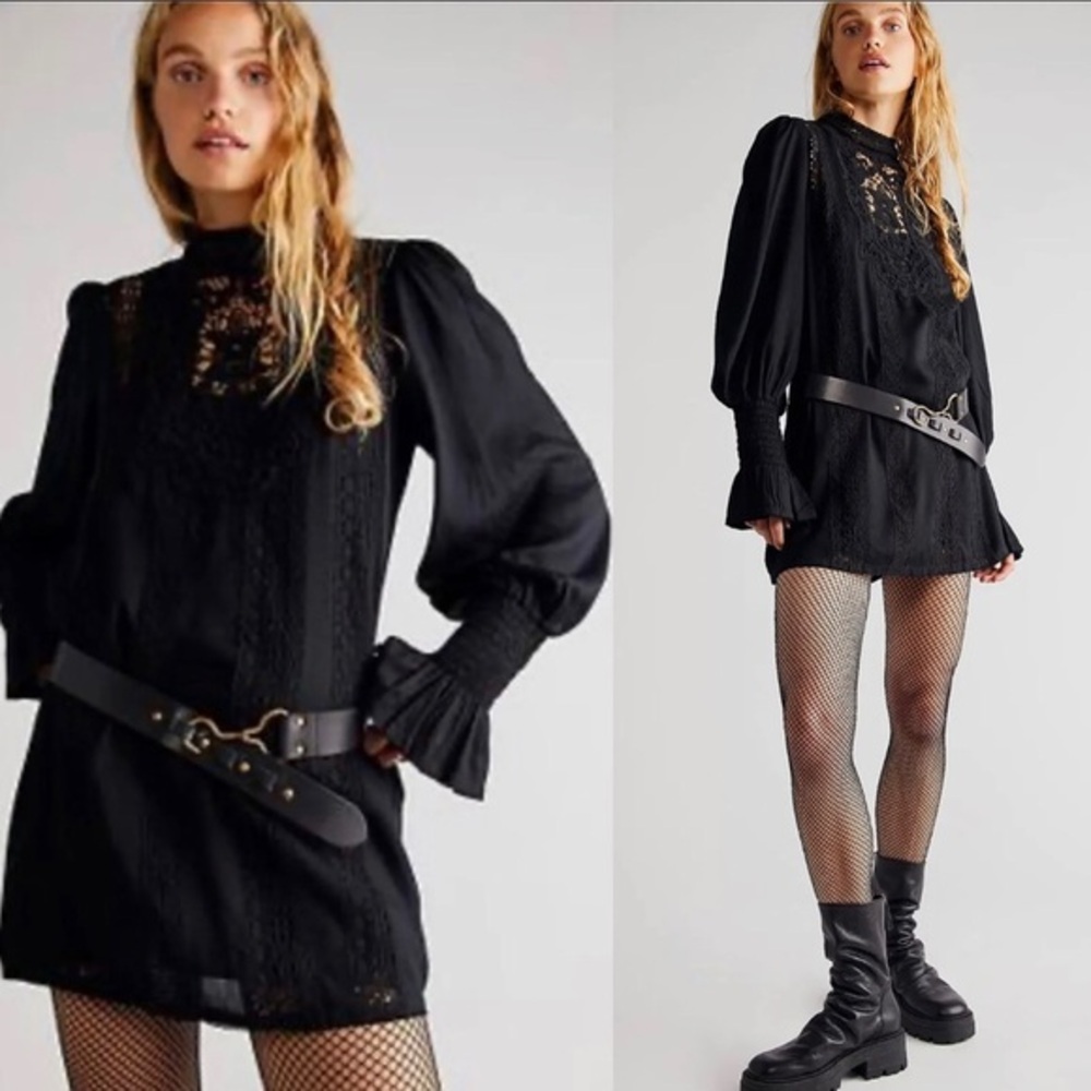 Free people one black vienna crochet lace puff smock sleeve boho dress size szXS